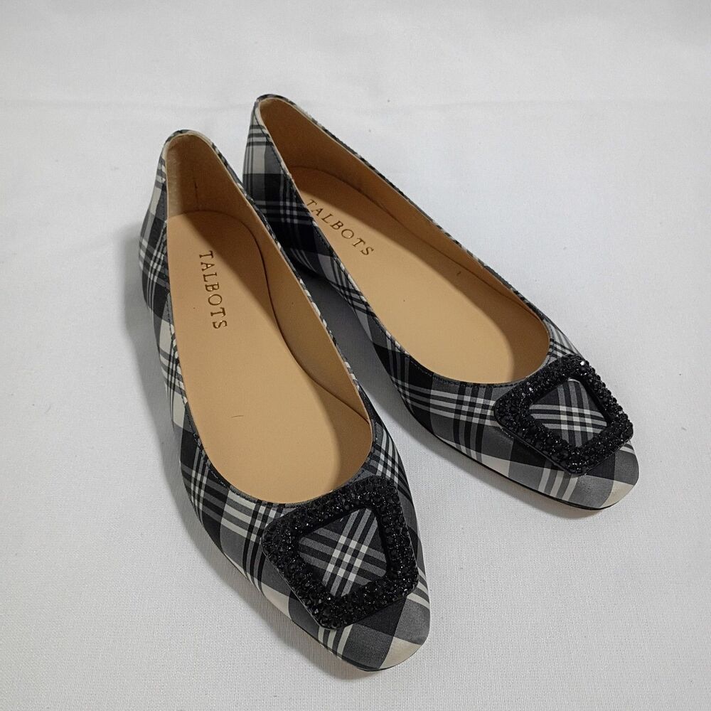 Talbots Rumi Jewel Black/Ivory Tartan Plaid Ballet Flats sz 5.5M